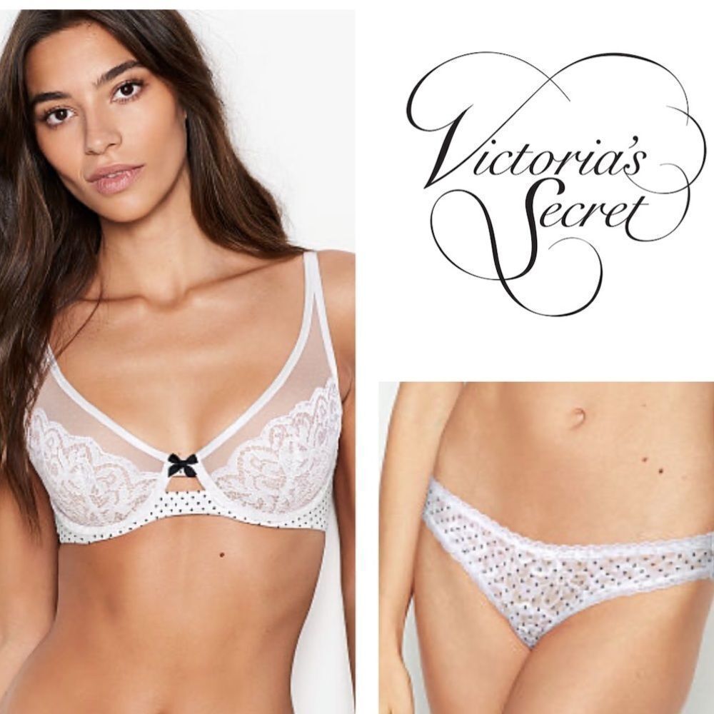 Victoria’s Secret Lacie White Black Dot Unlined Bra & Panty Set 34D & Medium NWT